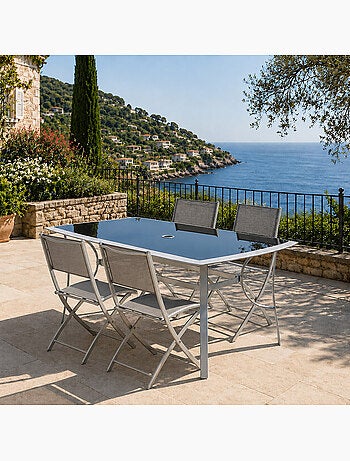 ALASSIO Ensemble de jardin table 150 cm + lot de 4 chaises pliantes