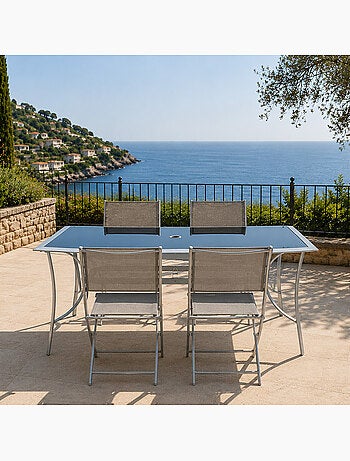 ALASSIO Ensemble de jardin table 150 cm + lot de 4 chaises pliantes