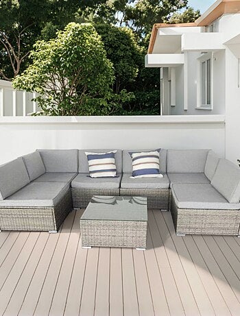 ALDABRA salon de jardin modulable 6 places en résine tressée - gris sombre et beige