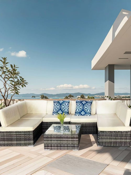 ALDABRA salon de jardin modulable 6 places en résine tressée - gris sombre et beige - Kiabi