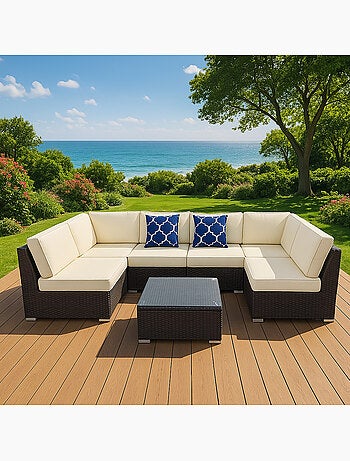 ALDABRA salon de jardin modulable 6 places en résine tressée - gris sombre et beige