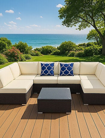 ALDABRA salon de jardin modulable 6 places en résine tressée - gris sombre et beige