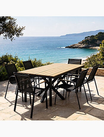 ALMADA Ensemble de jardin table 190cm effet bois + 6 fauteuils