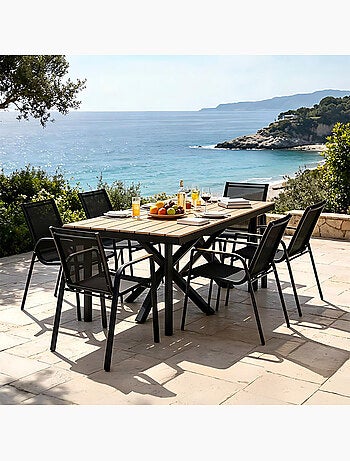 ALMADA Ensemble de jardin table 190cm effet bois + 6 fauteuils