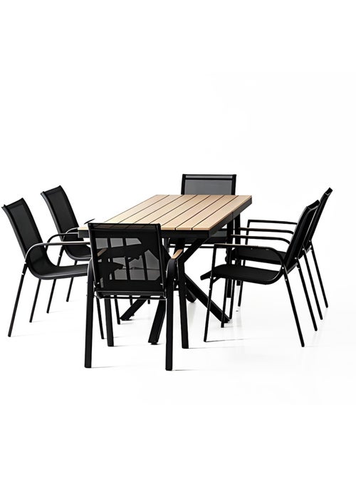 ALMADA Ensemble de jardin table 190cm effet bois + 6 fauteuils - Kiabi ALMADA Ensemble de jardin table 190cm effet bois + 6 fauteuils - Kiabi