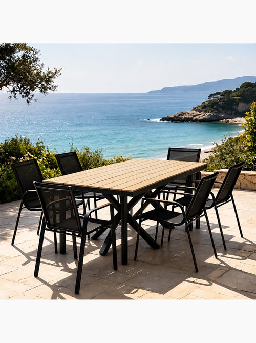 ALMADA Ensemble de jardin table 190cm effet bois + 6 fauteuils - Kiabi ALMADA Ensemble de jardin table 190cm effet bois + 6 fauteuils - Kiabi