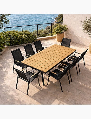 ALMADA Ensemble de jardin table 190cm effet bois + 8 fauteuils