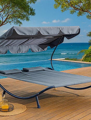 Aloha gris : transat 2 personnes avec pare-soleil en tissu Oxford