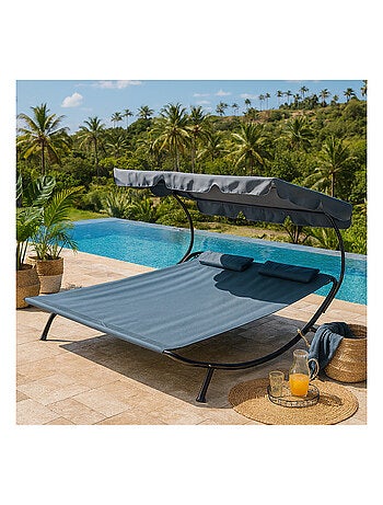 Aloha gris : transat 2 personnes avec pare-soleil en tissu Oxford