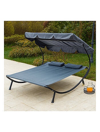 Aloha gris : transat 2 personnes avec pare-soleil en tissu Oxford