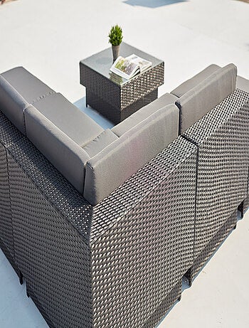 Amorgos gris : salon de jardin d'angle en résine tressée noire poly rottin