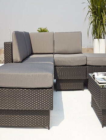 Amorgos gris : salon de jardin d'angle en résine tressée noire poly rottin