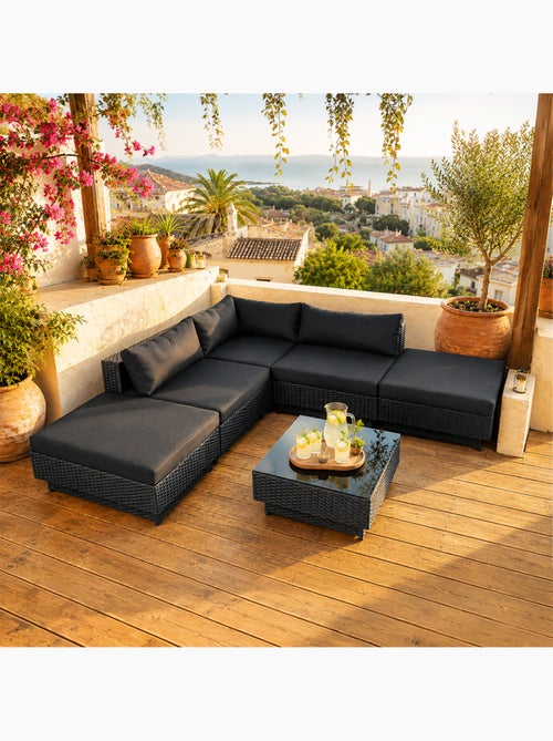 AMORGOS Salon de jardin 5 places modulable en résine tressée noir - Kiabi