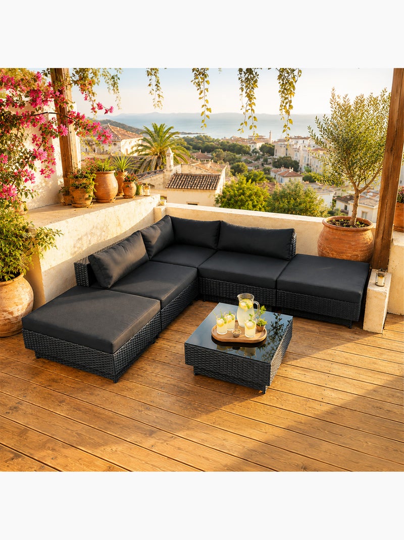 AMORGOS Salon de jardin 5 places modulable en résine tressée noir Noir - Kiabi