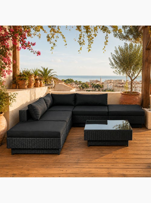 AMORGOS Salon de jardin 5 places modulable en résine tressée noir - Kiabi