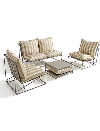 ANDRIA Salon de jardin 4 places à rayures taupe et beige avec table basse