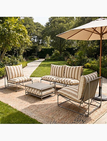 ANDRIA Salon de jardin 4 places à rayures taupe et beige avec table basse