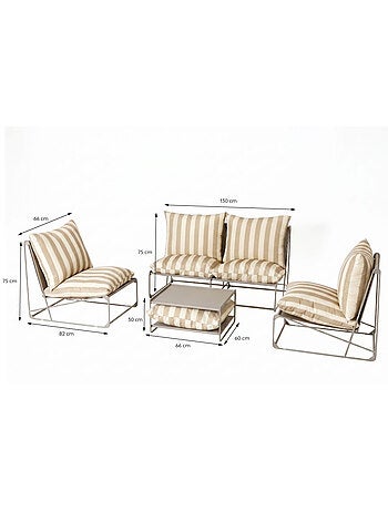 ANDRIA Salon de jardin 4 places à rayures taupe et beige avec table basse