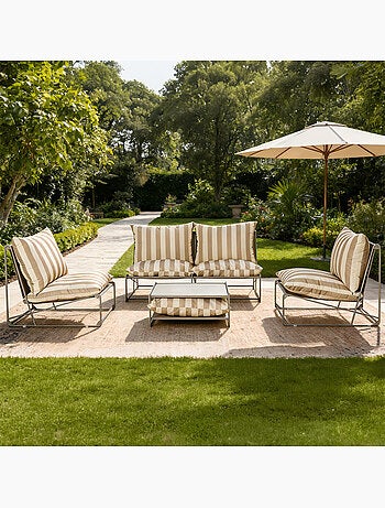 ANDRIA Salon de jardin 4 places à rayures taupe et beige avec table basse