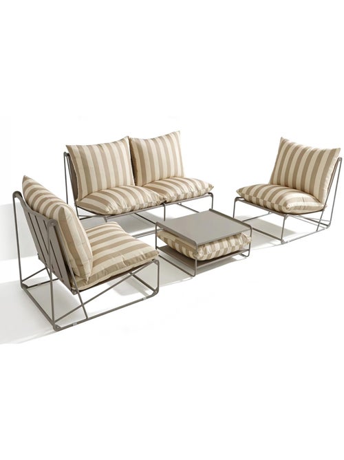 ANDRIA Salon de jardin 4 places à rayures taupe et beige avec table basse - Kiabi