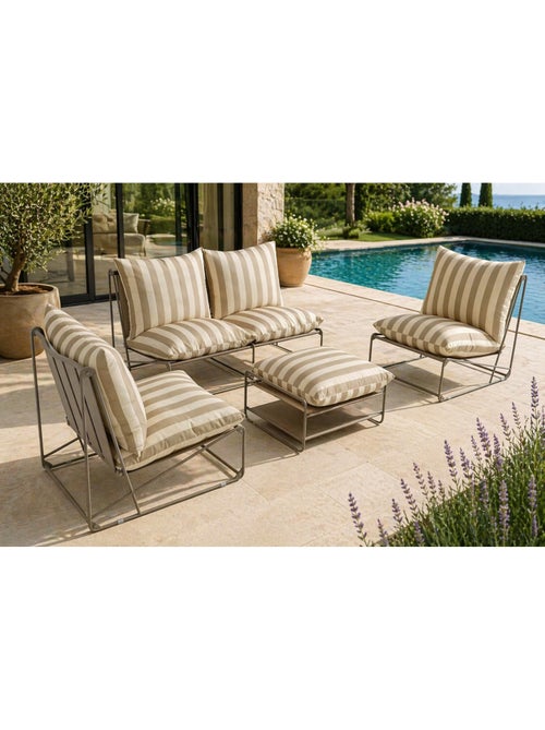 ANDRIA Salon de jardin 4 places à rayures taupe et beige avec table basse - Kiabi