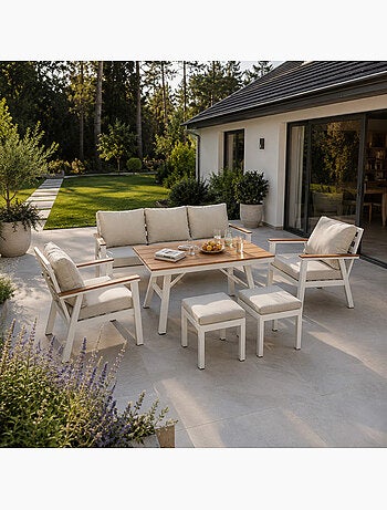 APIA Ensemble de jardin 7 places avec table effet bois