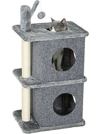 Arbre à chat - pawhut - 3 niveaux - 2 niches, balle - poteau en sisal et peluche douce - gris foncé