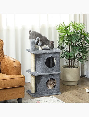 Arbre à chat - pawhut - 3 niveaux - 2 niches, balle - poteau en sisal et peluche douce - gris foncé