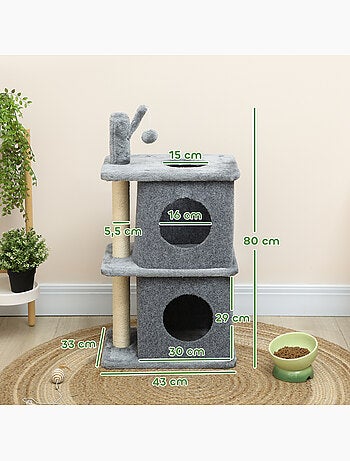 Arbre à chat - pawhut - 3 niveaux - 2 niches, balle - poteau en sisal et peluche douce - gris foncé