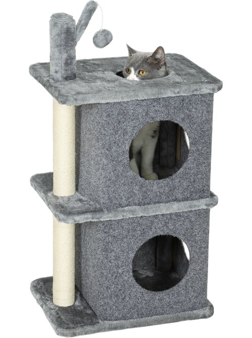 Arbre à chat - pawhut - 3 niveaux - 2 niches, balle - poteau en sisal et peluche douce - gris foncé - Kiabi Arbre à chat - pawhut - 3 niveaux - 2 niches, balle - poteau en sisal et peluche douce - gris foncé - Kiabi
