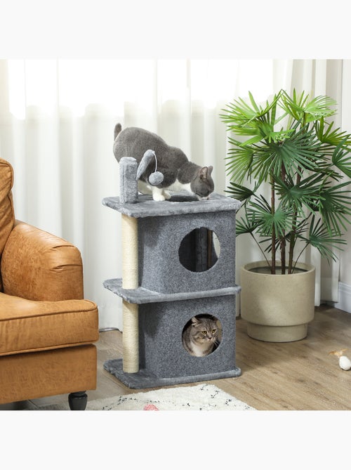 Arbre à chat - pawhut - 3 niveaux - 2 niches, balle - poteau en sisal et peluche douce - gris foncé - Kiabi Arbre à chat - pawhut - 3 niveaux - 2 niches, balle - poteau en sisal et peluche douce - gris foncé - Kiabi