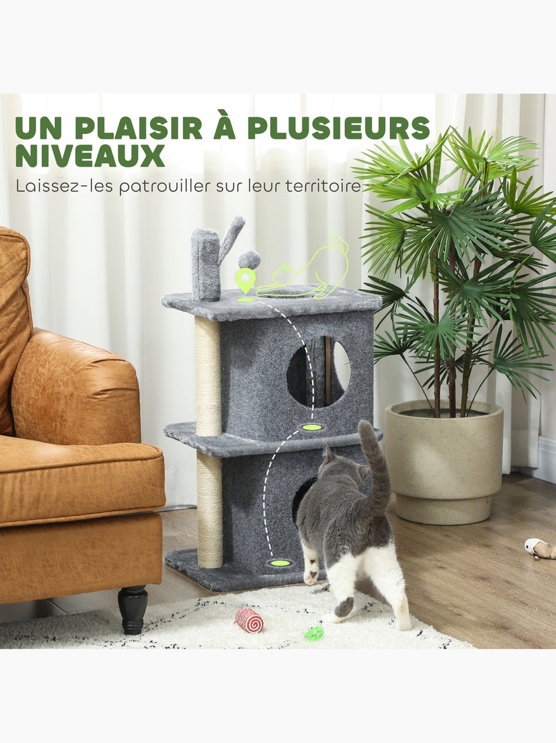 Arbre à chat - pawhut - 3 niveaux - 2 niches, balle - poteau en sisal et peluche douce - gris foncé Gris - Kiabi