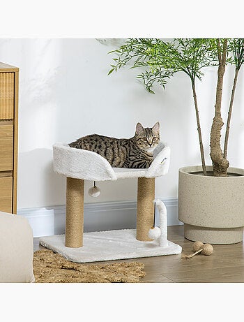 Arbre à chat 2 griffoirs jute naturelle panier jeu boules suspendues
