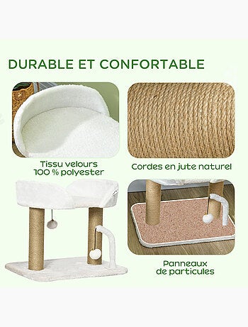 Arbre à chat 2 griffoirs jute naturelle panier jeu boules suspendues