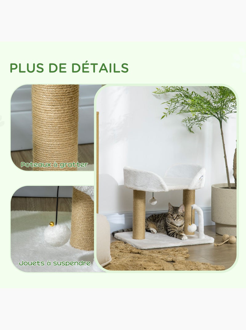 Arbre à chat 2 griffoirs jute naturelle panier jeu boules suspendues Blanc Blanc - Kiabi