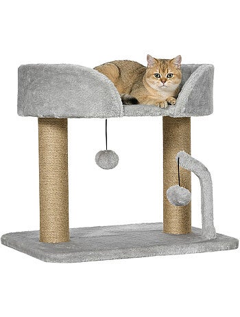 Arbre à chat 2 griffoirs jute naturelle panier jeu boules suspendues