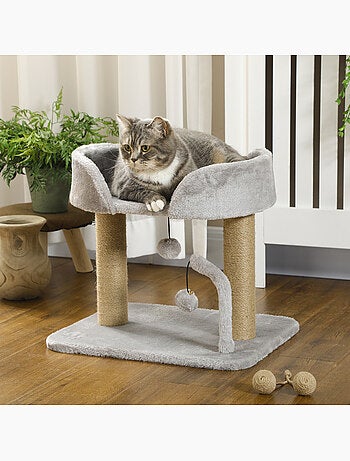 Arbre à chat 2 griffoirs jute naturelle panier jeu boules suspendues