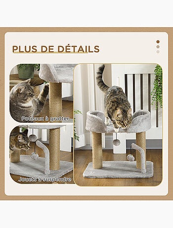 Arbre à chat 2 griffoirs jute naturelle panier jeu boules suspendues