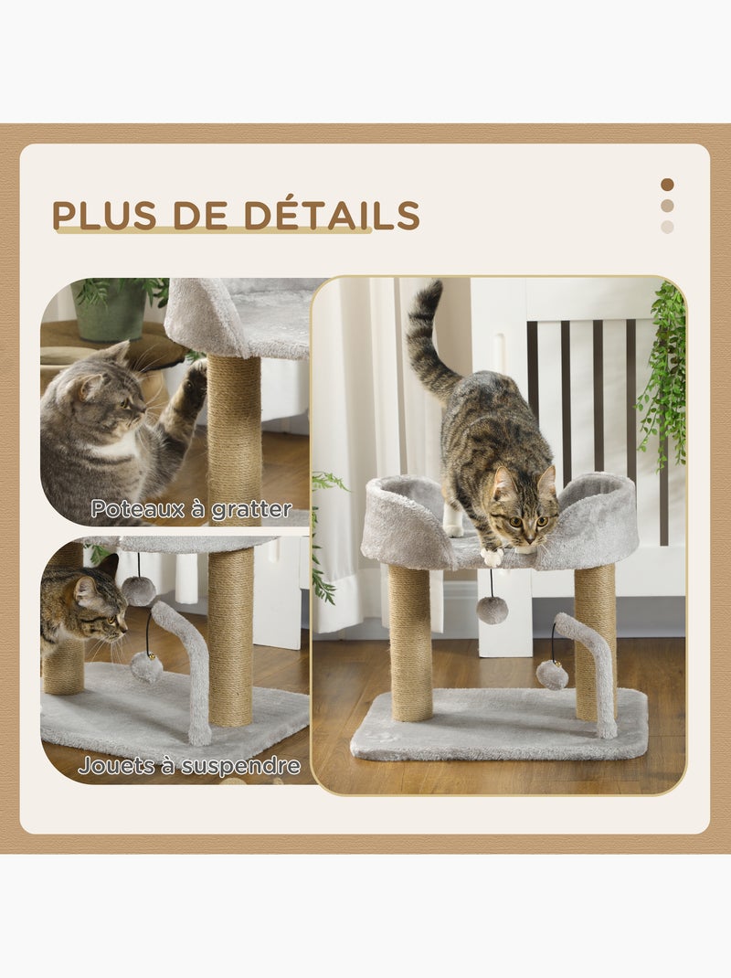 Arbre à chat 2 griffoirs jute naturelle panier jeu boules suspendues Gris - Kiabi