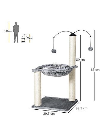 Arbre à chat 2 griffoirs sisal naturel hamac jeu boules suspendues gris