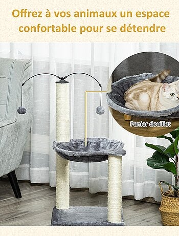Arbre à chat 2 griffoirs sisal naturel hamac jeu boules suspendues gris