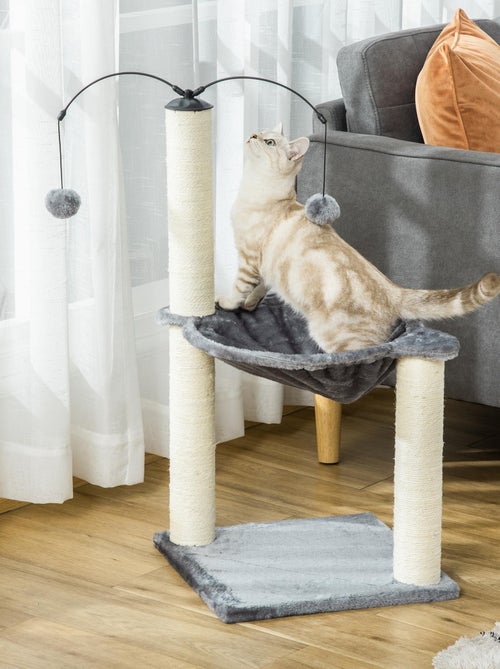 Arbre à chat 2 griffoirs sisal naturel hamac jeu boules suspendues gris - Kiabi