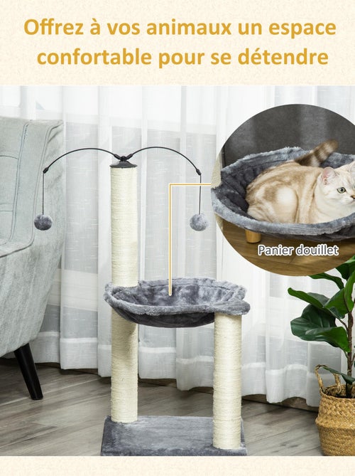 Arbre à chat 2 griffoirs sisal naturel hamac jeu boules suspendues gris - Kiabi