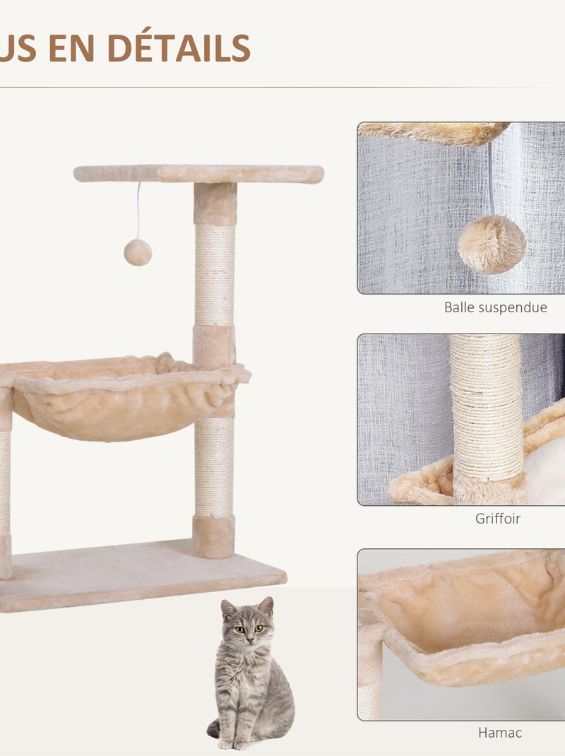 Arbre à chat 3 griffoirs, plateforme, hamac et boule suspendue Beige - Kiabi