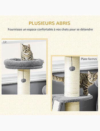 Arbre à chat 3 griffoirs plateforme panier 2 boules suspendues gris