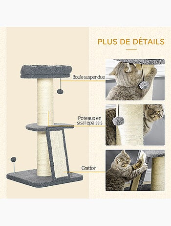 Arbre à chat 3 griffoirs plateforme panier 2 boules suspendues gris