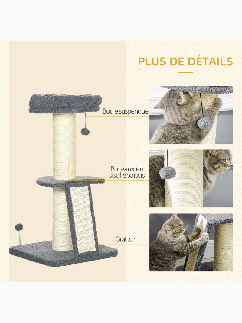 Arbre à chat 3 griffoirs plateforme panier 2 boules suspendues gris Gris - Kiabi