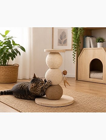 Arbre a chat avec plateforme griffoir en bois et cordes 47cm