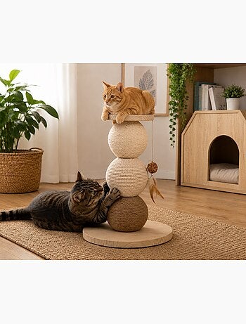 Arbre a chat avec plateforme griffoir en bois et cordes 47cm