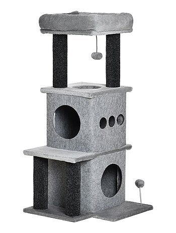 Arbre à chat boule suspendue, à ressort 2 niches amovibles plateformes gris